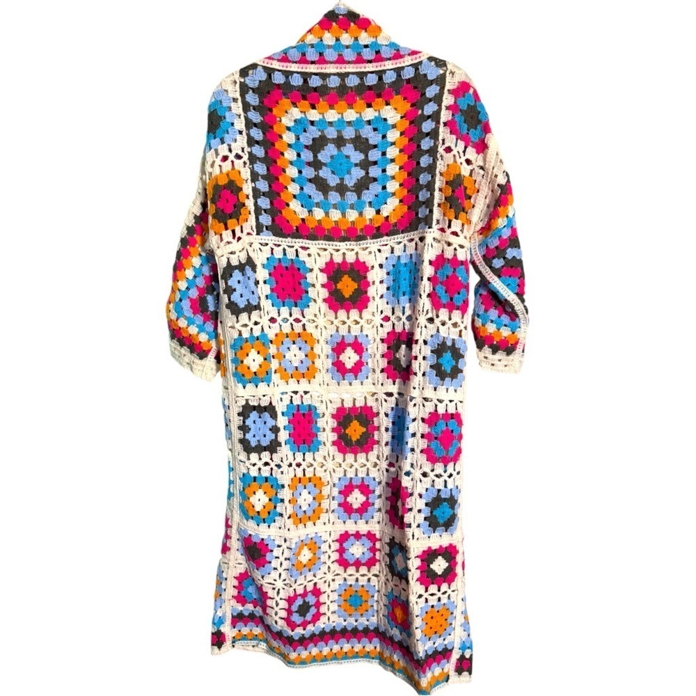 POL Multicolor Granny Square Crochet Kimono Cardigan Boho Festival Duster NWT - Picture 8 of 9
